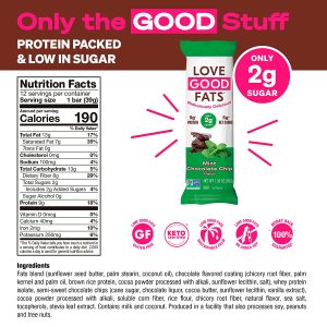 Love Good Fats Keto Protein Snack Bars – Truffle Mint Chocolate Chip – 13g Good Fats, 9g Protein, 5g Net Carbs, 2g Sugar, Gluten-Free, Non GMO, 12 Pack