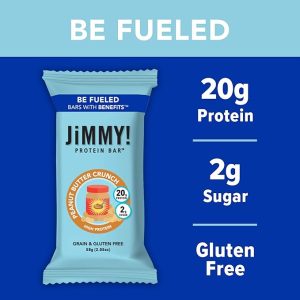 JiMMY! Protein Bar, Peanut Butter Crunch, 12 Count – Energy Bar with 20g of Protein, Low Sugar, Gluten Free